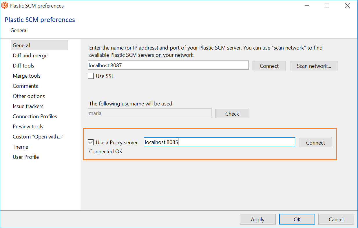 Configuring a proxy server in the Plastic SCM client