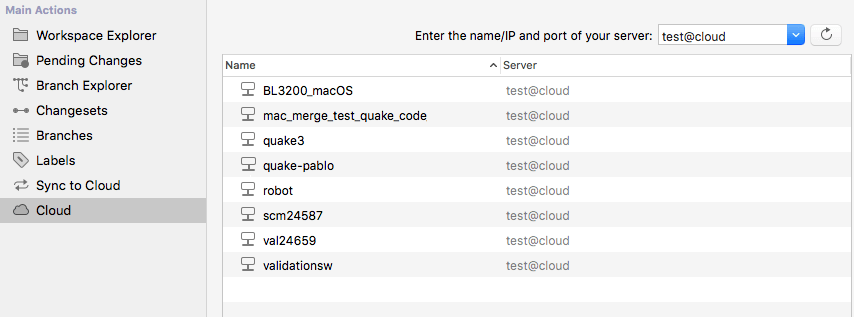 Plastic GUI - macOS - Cloud repositories list