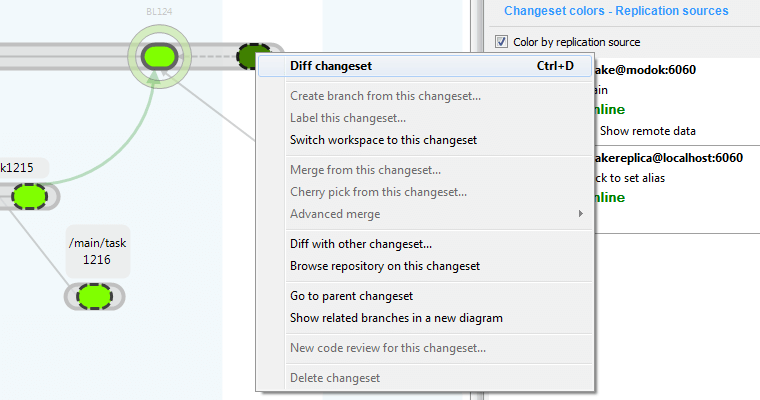 Menu options (diffing) on remote changesets
