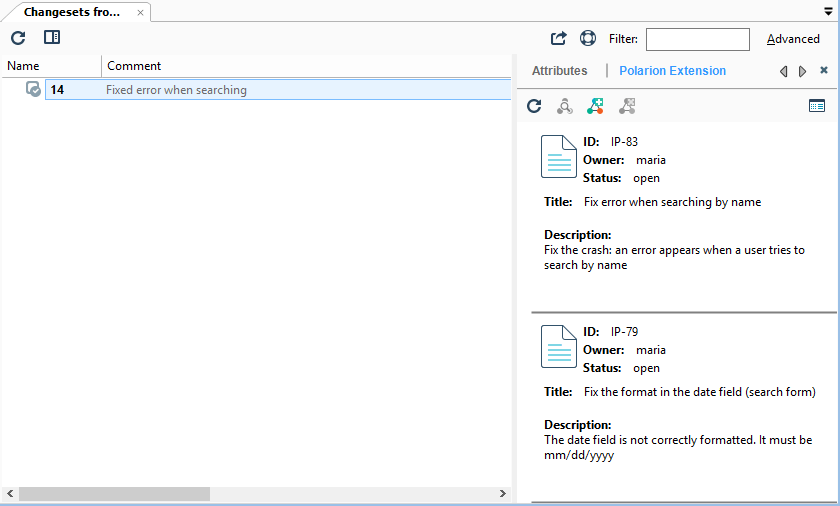Changeset view with detailed information in 'Task on changeset' working mode