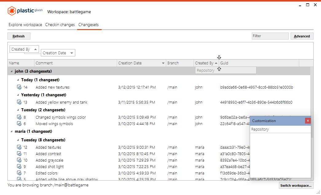 Changesets view - column chooser - restore