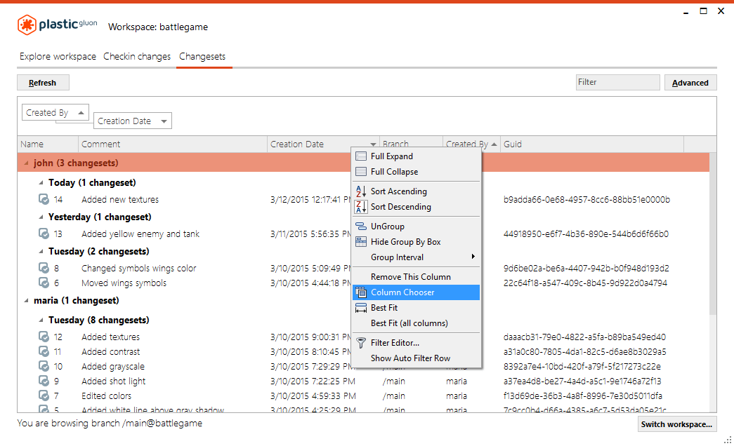 Changesets view - column chooser