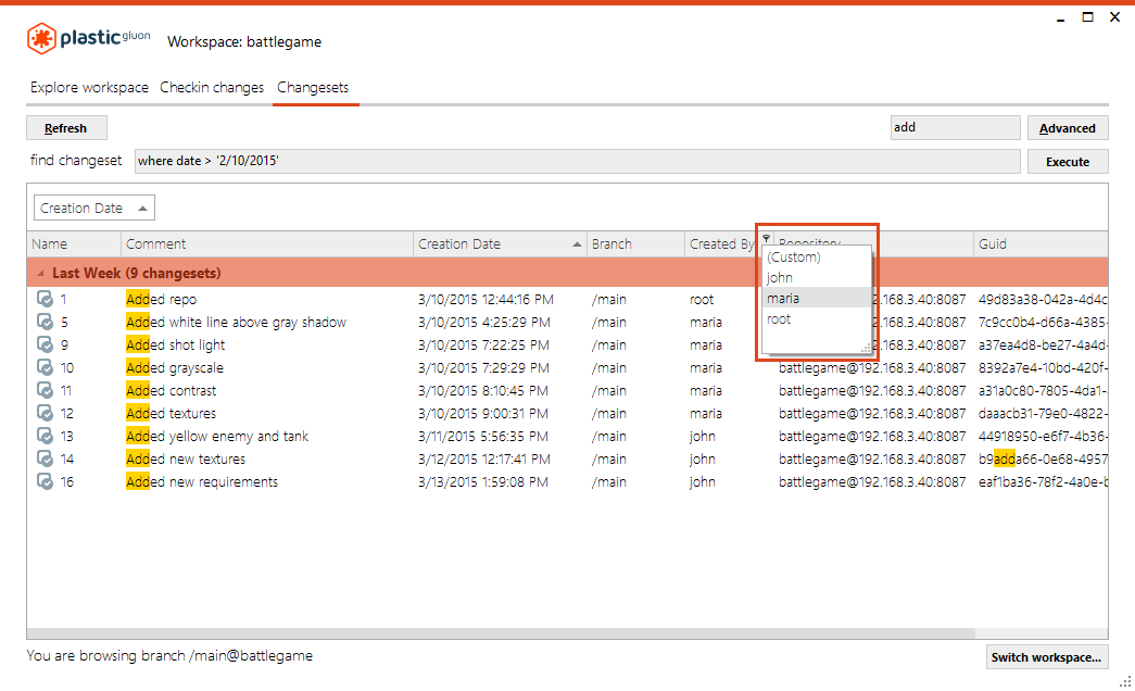 Changesets view - Filter by column