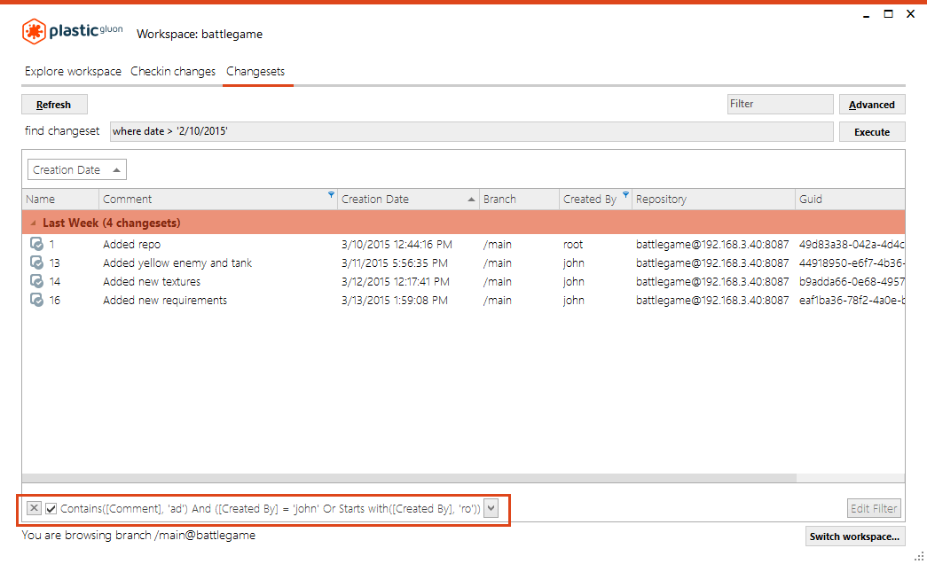 Changesets view - Filter editor example