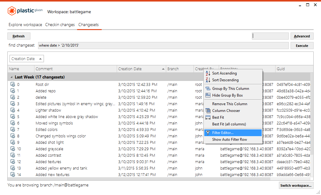 Changesets view - Filter editor option