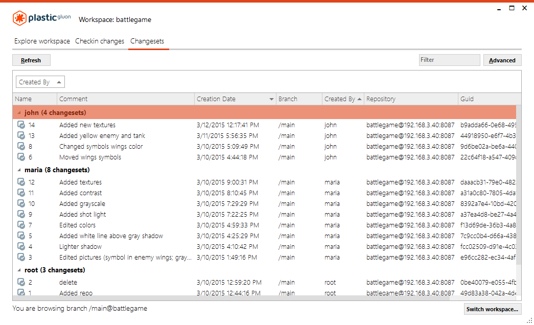 Changesets view - group by column - result