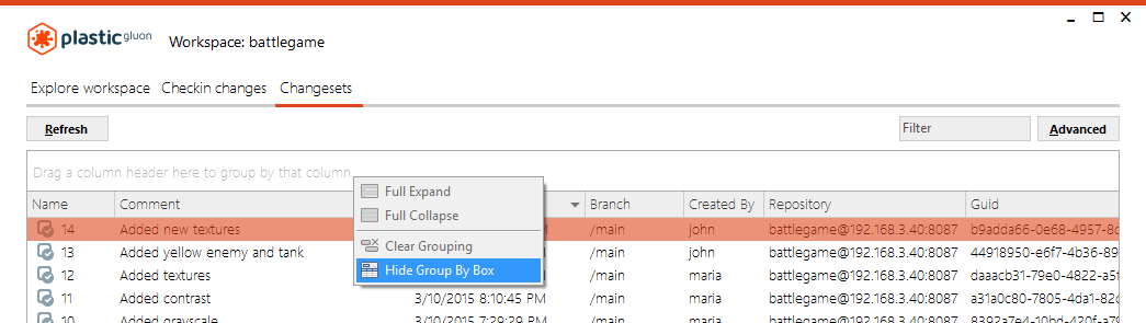 Changesets view - hide/show groups