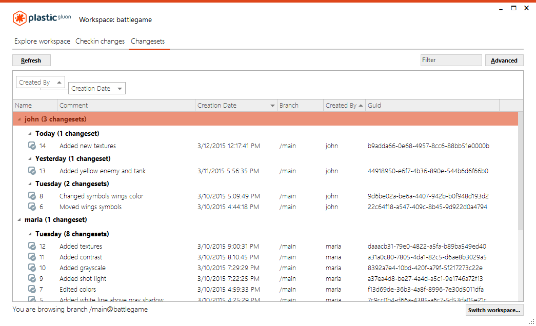 Changesets view - hide column -result