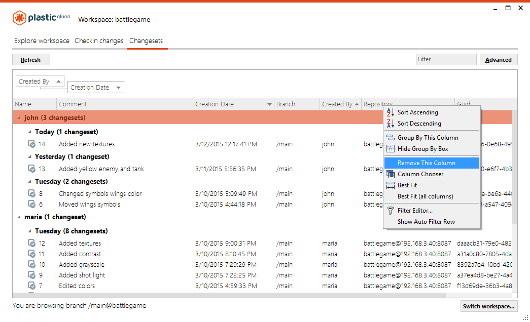 Changesets view - hide column
