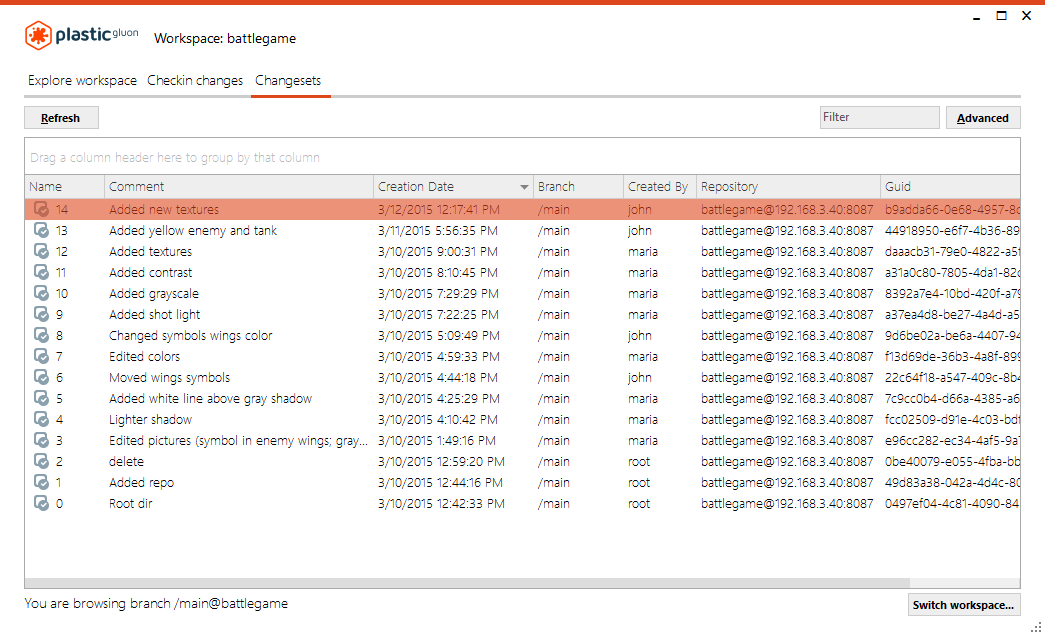 Changesets view - show list - result