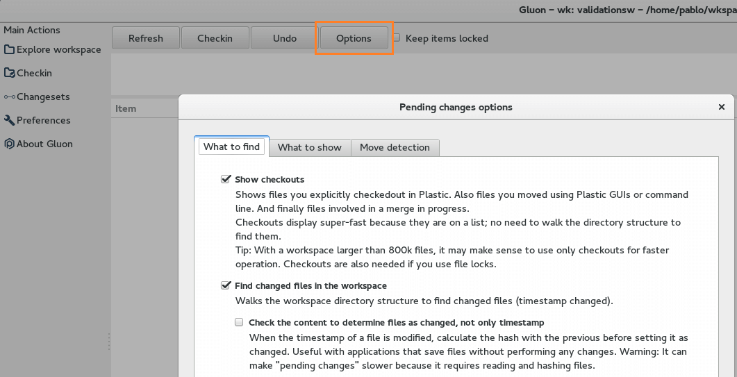 Gluon - Linux - Checkin changes options