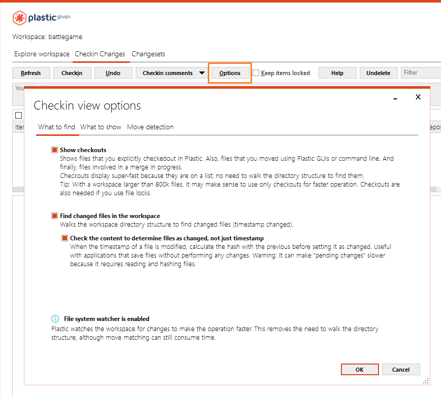 Gluon - Windows - Checkin changes options