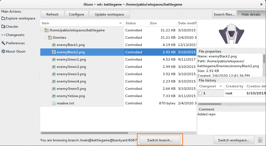 Gluon - Linux - Switch branch button