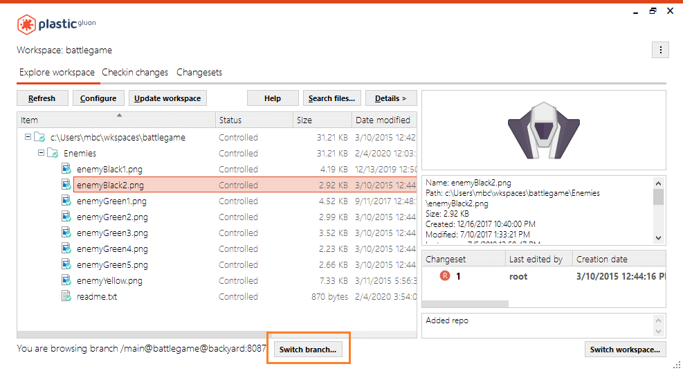 Gluon - Windows - Switch branch button