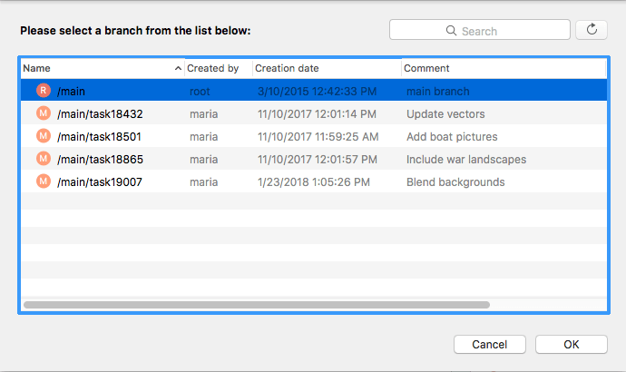 Gluon - macOS - Switch branch dialog