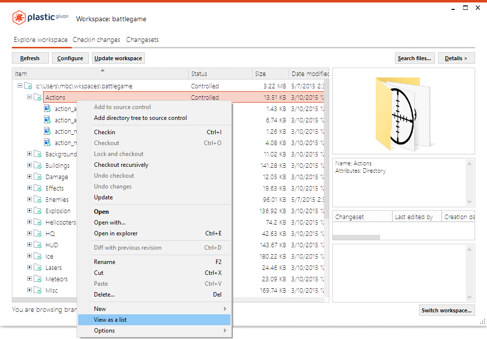 Gluon - Workspace - View as a list