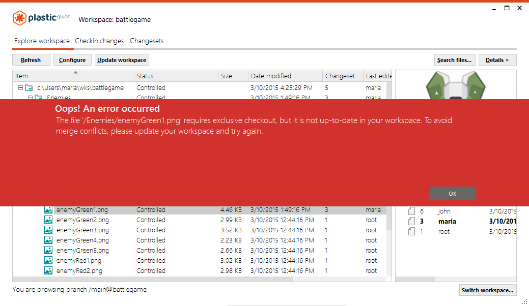 Error when checking out an out-of-date file