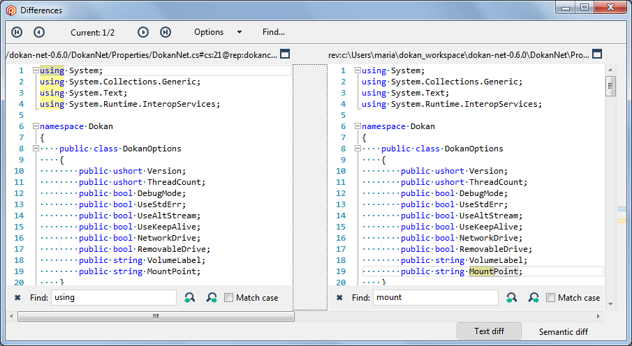 Finding text in the Side-by-side Diff Tool