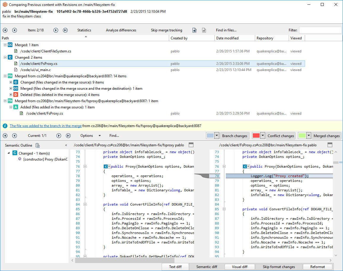 Diff branches and changesets - Added and changed merge