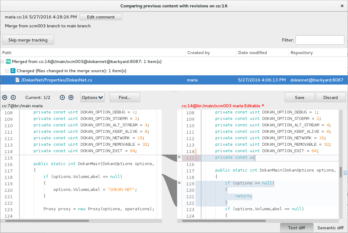 Plastic SCM GUI - Linux - Text diff is editable
