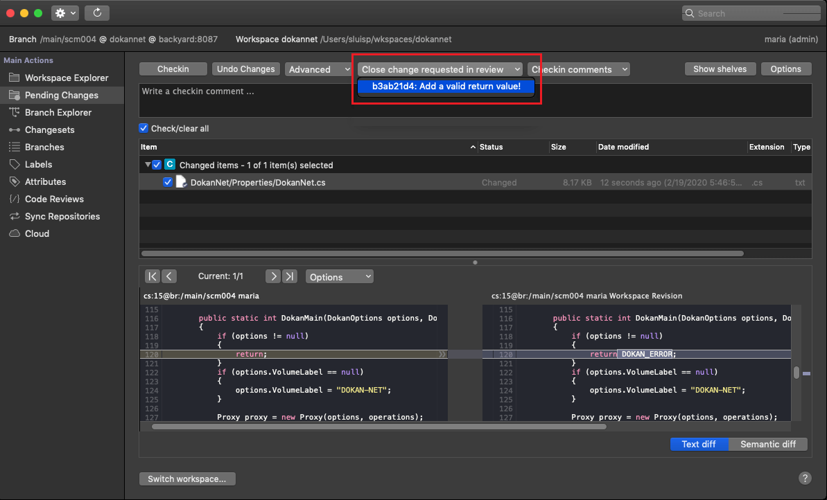 Plastic SCM GUI - macOS - Checkin and mark as Done the change request