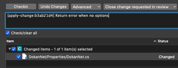 Plastic SCM GUI - macOS - Checkin and mark as Done the change request