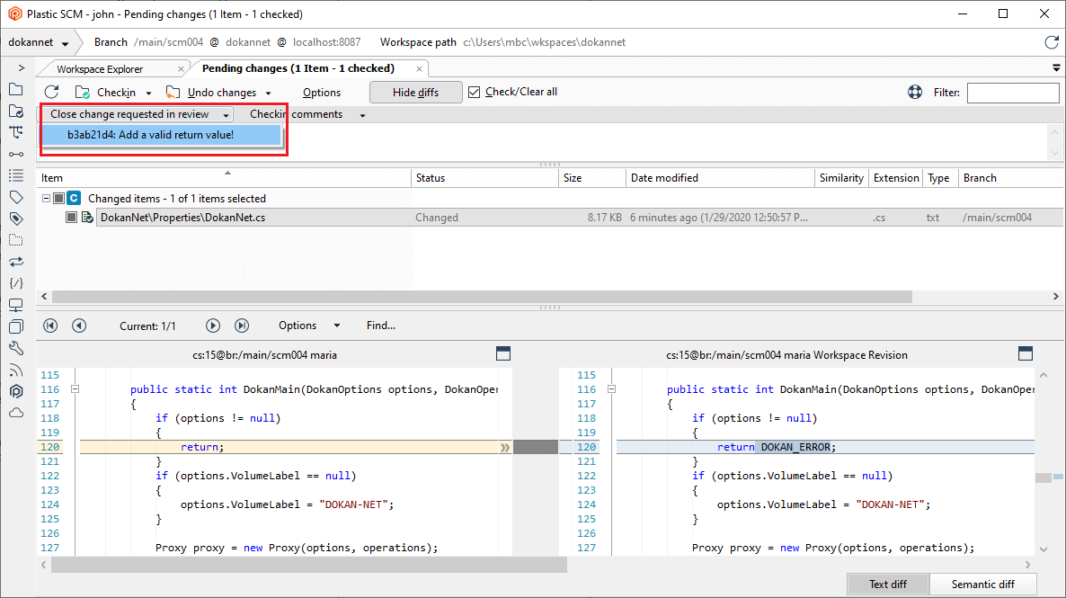 Plastic SCM GUI - Windows - Checkin and mark as Done the change request