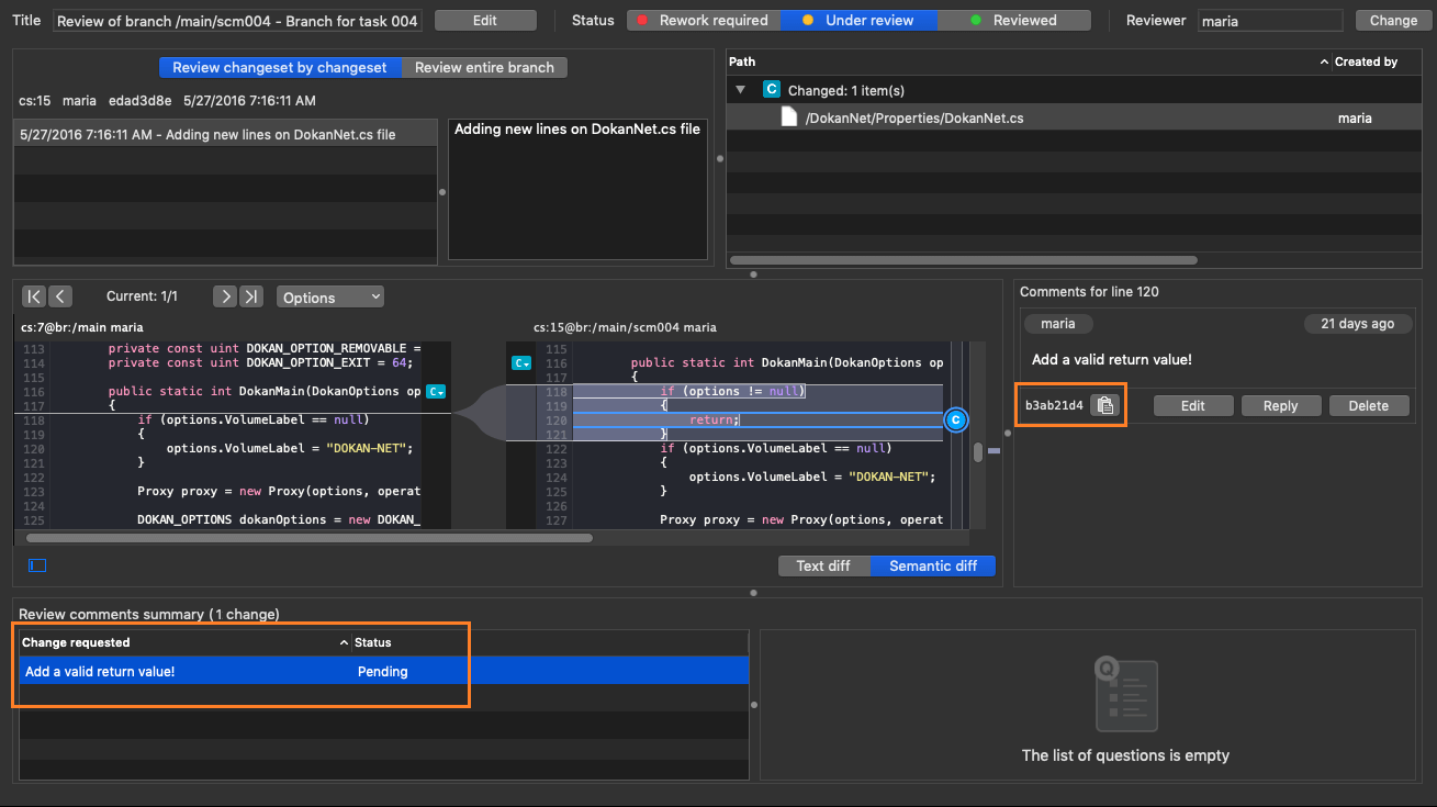 Plastic SCM GUI - macOS - Added change request