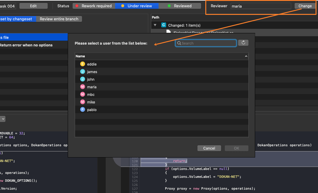 Plastic SCM GUI - macOS - Change the reviewer