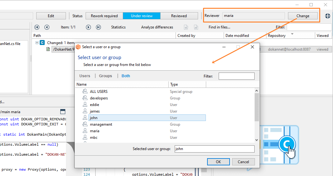 Plastic SCM GUI - Windows - Change the reviewer