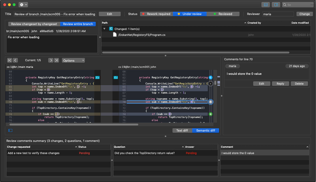 Plastic SCM GUI - macOS - Code Review window