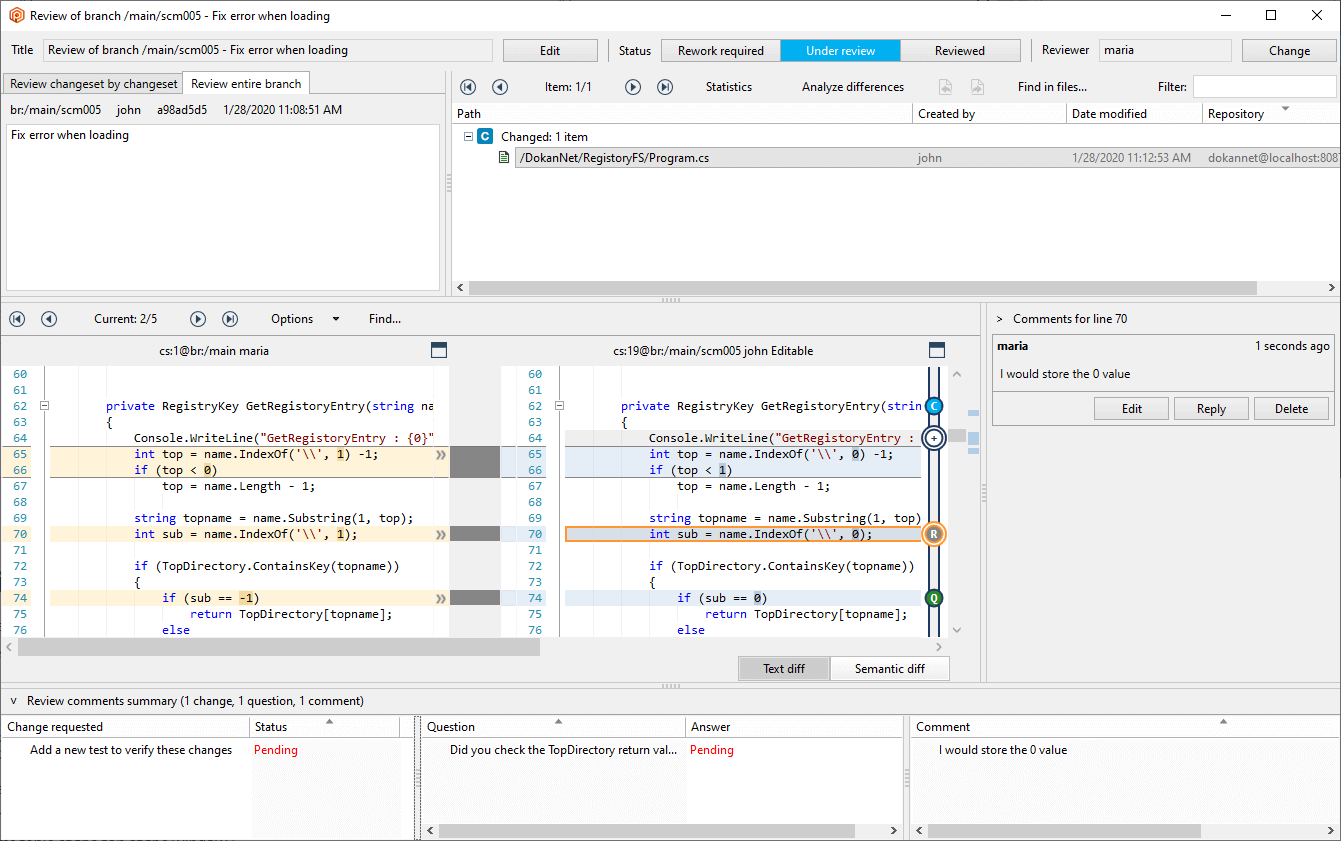 Plastic SCM GUI - Windows - Code Review window