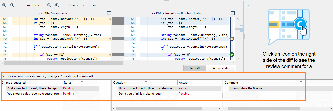 Plastic SCM GUI - Windows - Comments pane in the Code Review window