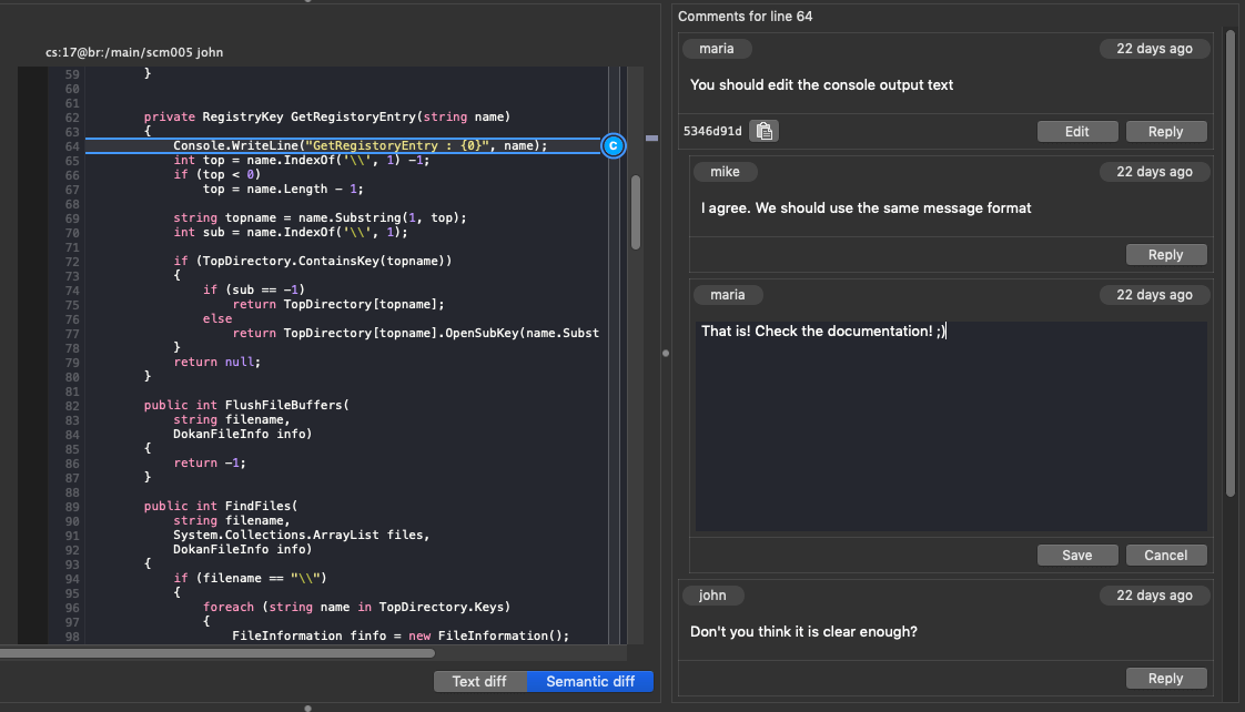 Plastic SCM GUI - macOS - Conversations in the code review