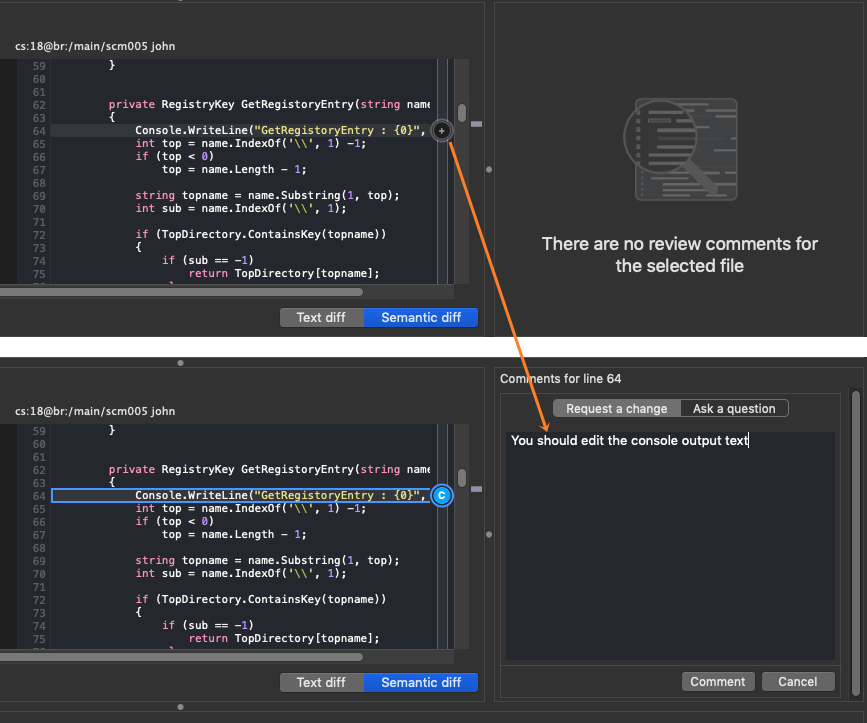 Plastic SCM GUI - macOS - Creating a comment for a line