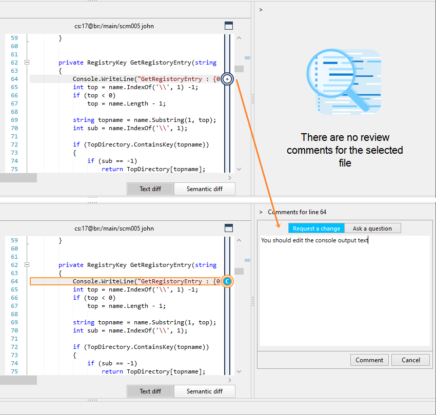 Plastic SCM GUI - Windows - Creating a comment for a line
