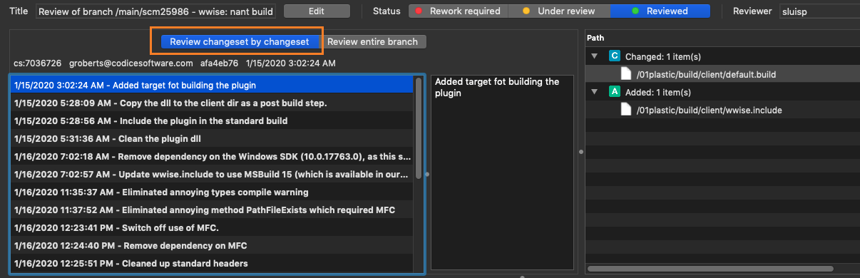 Plastic SCM GUI - macOS - Review changeset by changeset