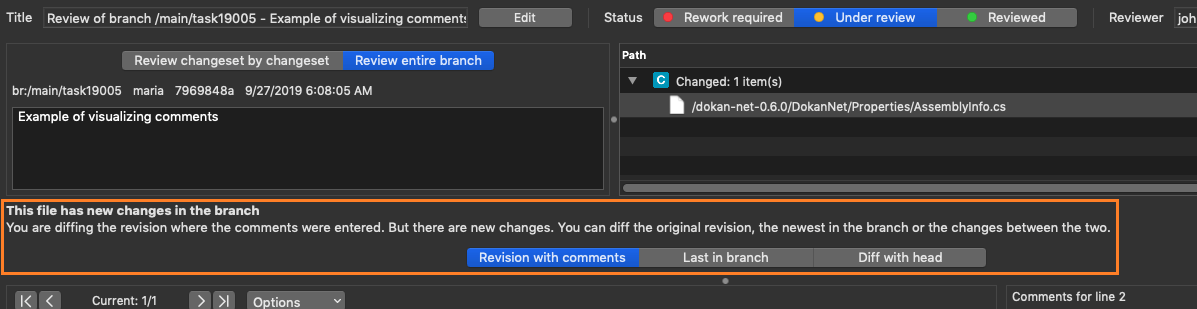 Plastic SCM GUI - macOS - Visualize comments - Diff options