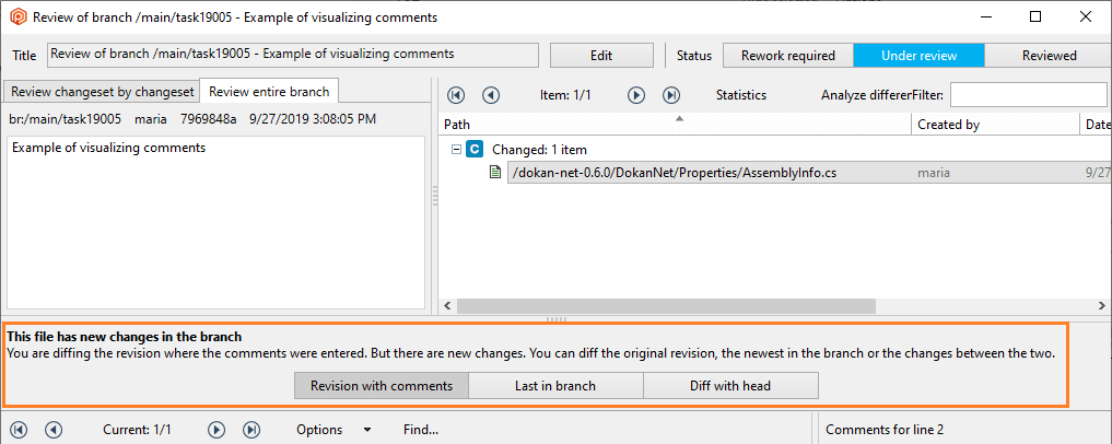 Plastic SCM GUI - Windows - Visualize comments - Diff options