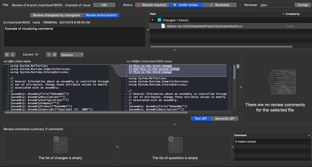 Plastic SCM GUI - macOS - Visualize comments