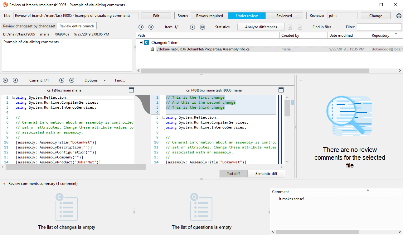 Plastic SCM GUI - Windows - Visualize comments