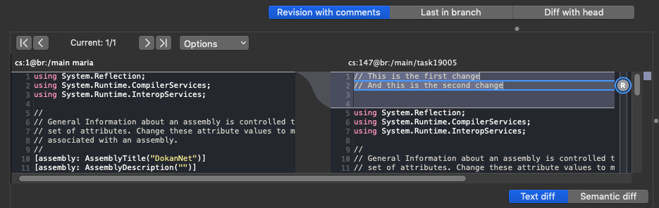Plastic SCM GUI - macOS - Revision with comments