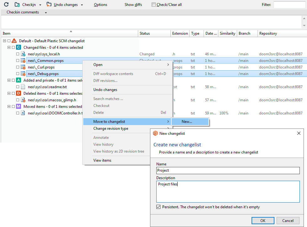 Creating new changelist