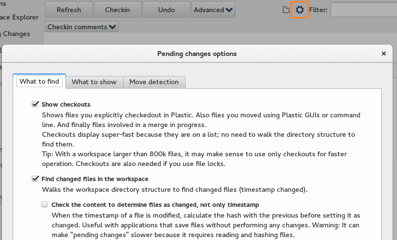 Plastic SCM GUI - Linux - Pending changes options