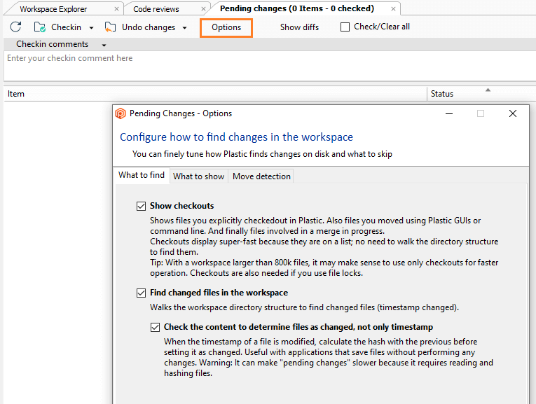 Plastic SCM GUI - Windows - Pending changes options