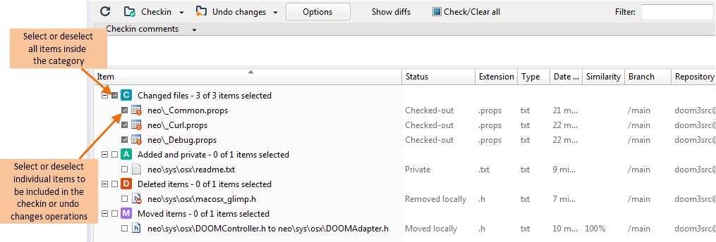 Pending changes view with different types of changes