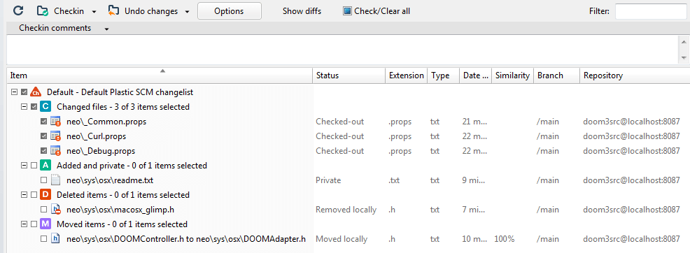 Pending changes view grouped by changelists with different types of changes