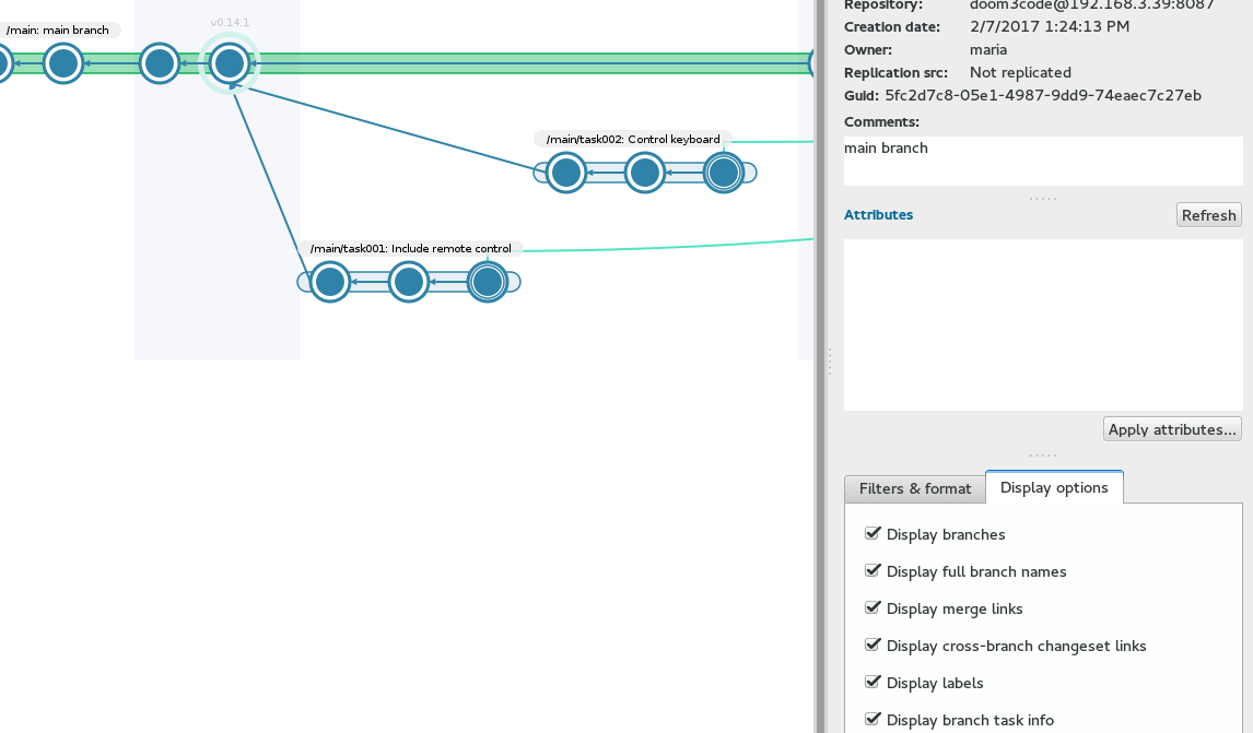 Plastic SCM GUI - Linux - Branch Explorer - Branch task info