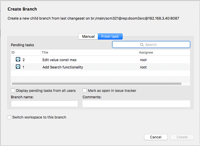 Plastic SCM GUI - macOS -New branch from task