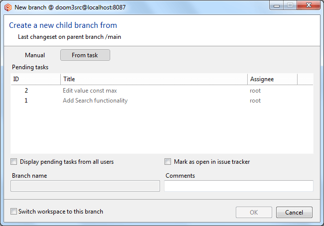 Plastic SCM GUI - Windows -New branch from task
